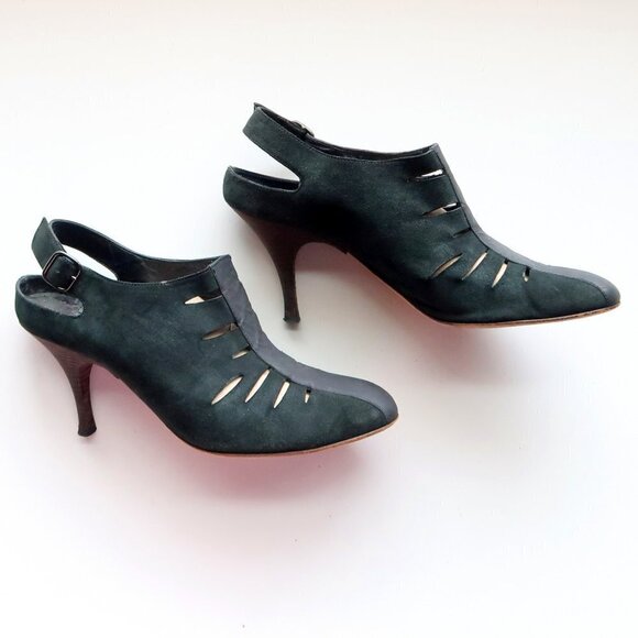 LD Tuttle Dark Green Suede Leather Slingback Heels Pumps Sandals Italian Shoes - Picture 13 of 16